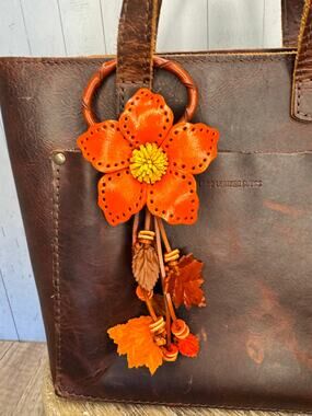 Autumn Orange Leather Purse Charm Genuine Leather Orange Flower Bag Charm